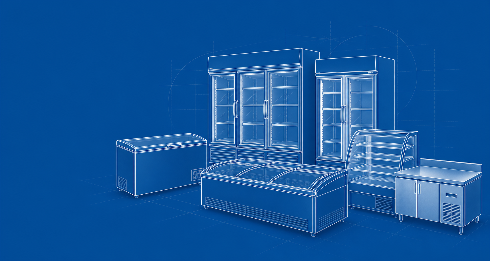Line drawing of the WeWell commercial refrigeration product range